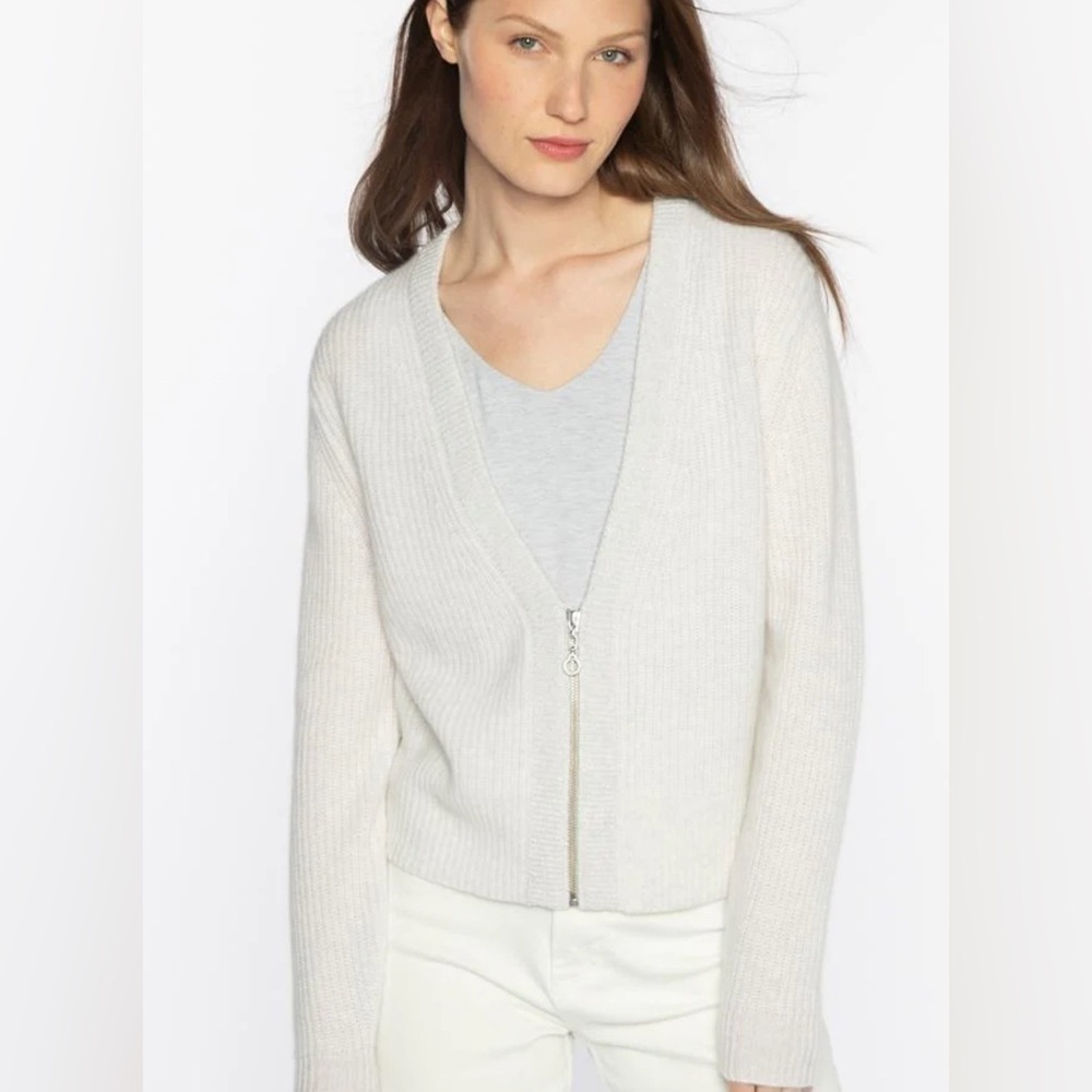 Kinross 100% cashmere Crop Lurex Shimmer Trim Zip Cardigan in whisper NWT
